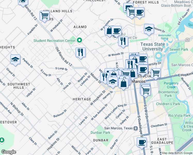 map of restaurants, bars, coffee shops, grocery stores, and more near 428 Burleson Street in San Marcos