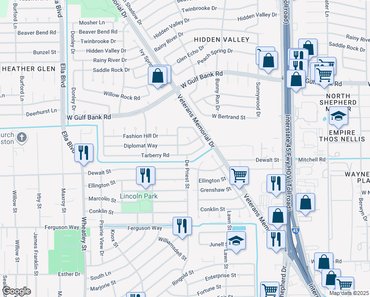map of restaurants, bars, coffee shops, grocery stores, and more near 8607 Diplomat Court in Houston