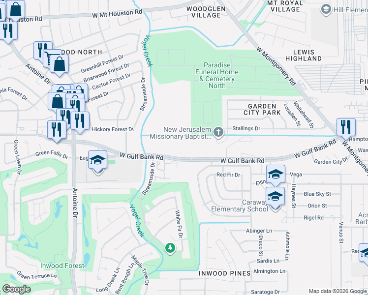 map of restaurants, bars, coffee shops, grocery stores, and more near 5300 West Gulf Bank Road in Houston