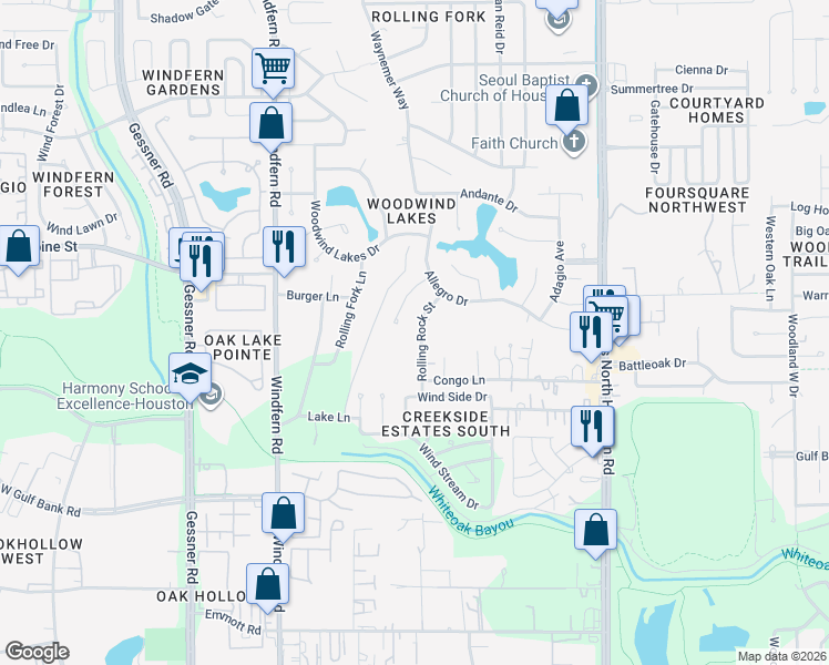 map of restaurants, bars, coffee shops, grocery stores, and more near 7615 Rolling Rock Street in Houston