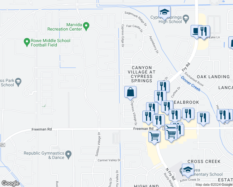 map of restaurants, bars, coffee shops, grocery stores, and more near 20743 Stewart Crest Lane in Cypress