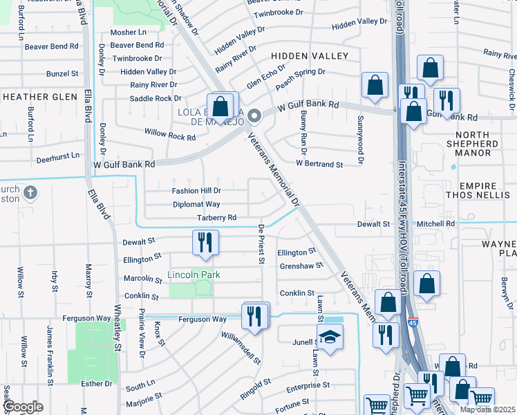 map of restaurants, bars, coffee shops, grocery stores, and more near 8607 Diplomat Court in Houston