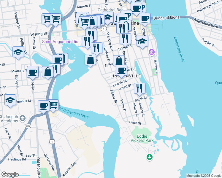 map of restaurants, bars, coffee shops, grocery stores, and more near 218 Riberia Street in St. Augustine