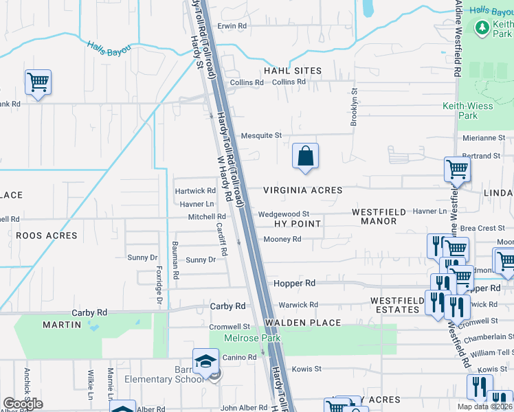 map of restaurants, bars, coffee shops, grocery stores, and more near 1322 Hartwick Road in Houston