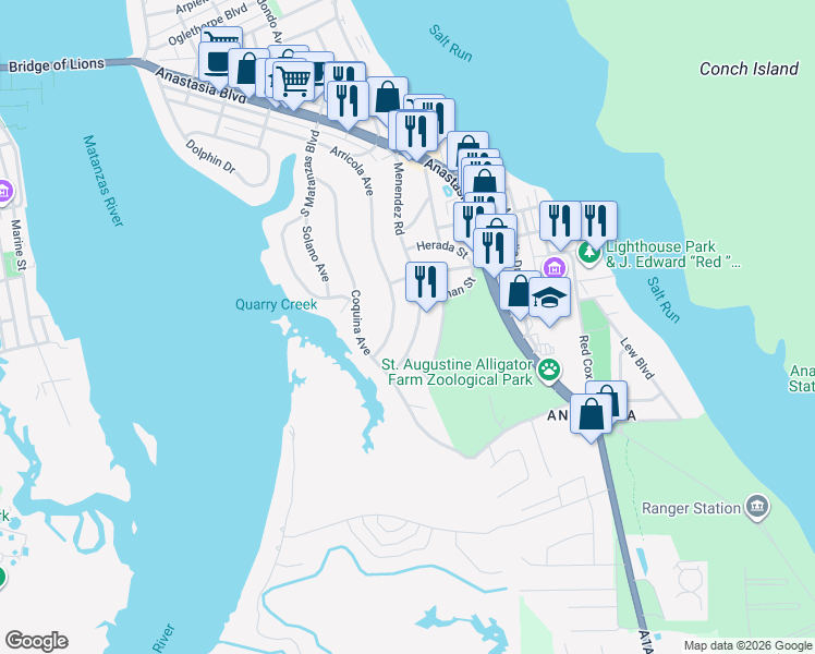 map of restaurants, bars, coffee shops, grocery stores, and more near 117 Menendez Road in St. Augustine