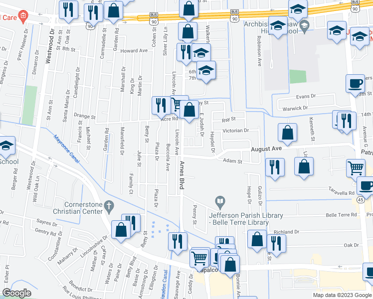 map of restaurants, bars, coffee shops, grocery stores, and more near 6241 South Judah Drive in Marrero