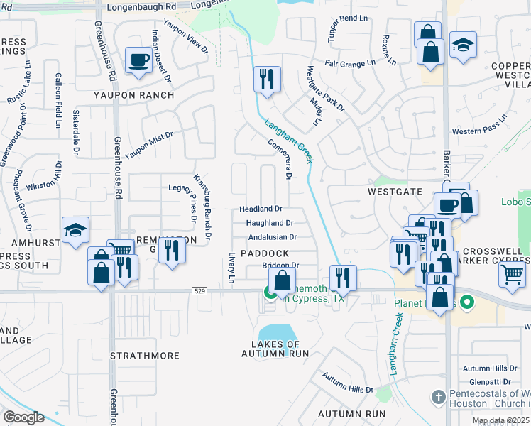 map of restaurants, bars, coffee shops, grocery stores, and more near 7407 Epsom Downs Drive in Cypress