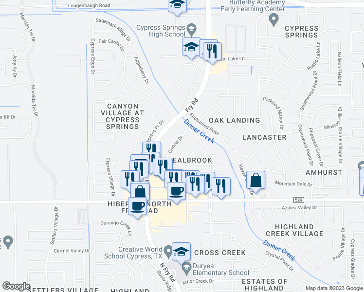 map of restaurants, bars, coffee shops, grocery stores, and more near 7315 Rising Brook Drive in Cypress