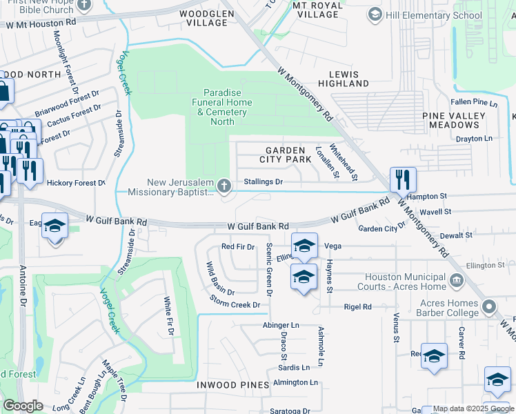 map of restaurants, bars, coffee shops, grocery stores, and more near 3400 West Gulf Bank Road in Houston