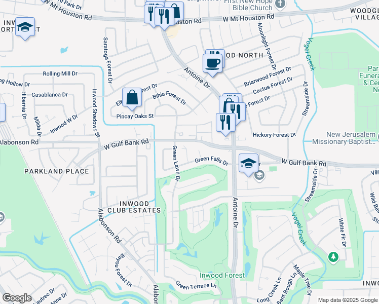 map of restaurants, bars, coffee shops, grocery stores, and more near 8014 Wray Court in Houston