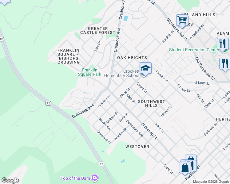 map of restaurants, bars, coffee shops, grocery stores, and more near 1201 Franklin Drive in San Marcos