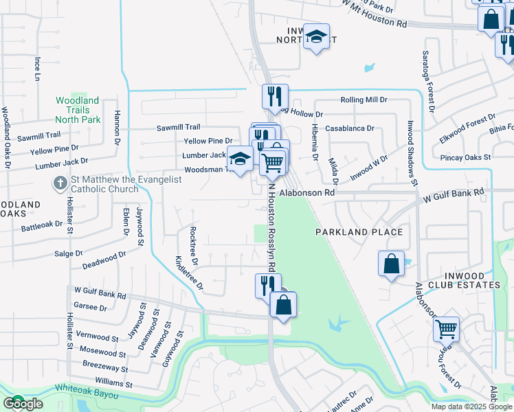 map of restaurants, bars, coffee shops, grocery stores, and more near 9739b North Houston Rosslyn Road in Houston