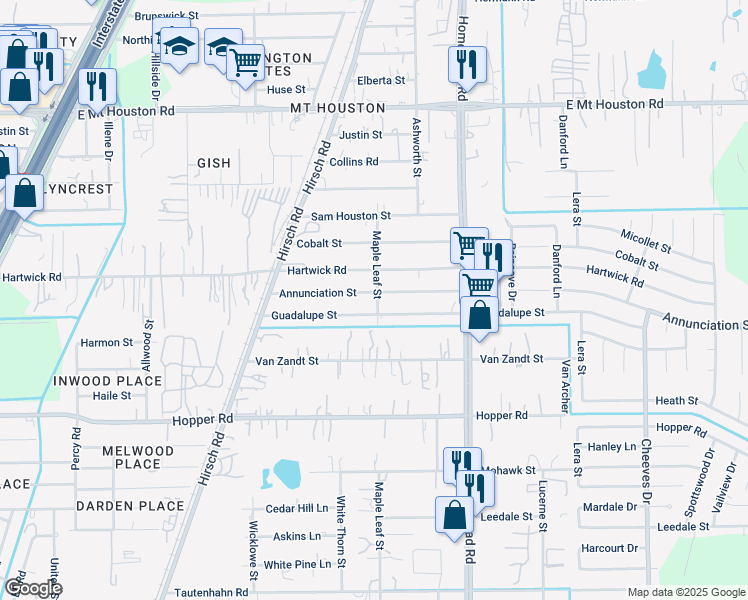 map of restaurants, bars, coffee shops, grocery stores, and more near 5805 Annunciation Street in Houston