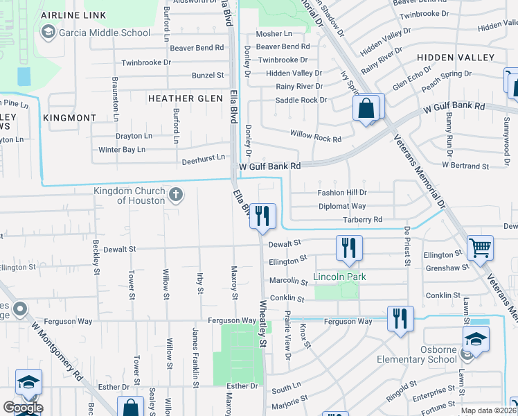 map of restaurants, bars, coffee shops, grocery stores, and more near 9207 Wheatley Street in Houston