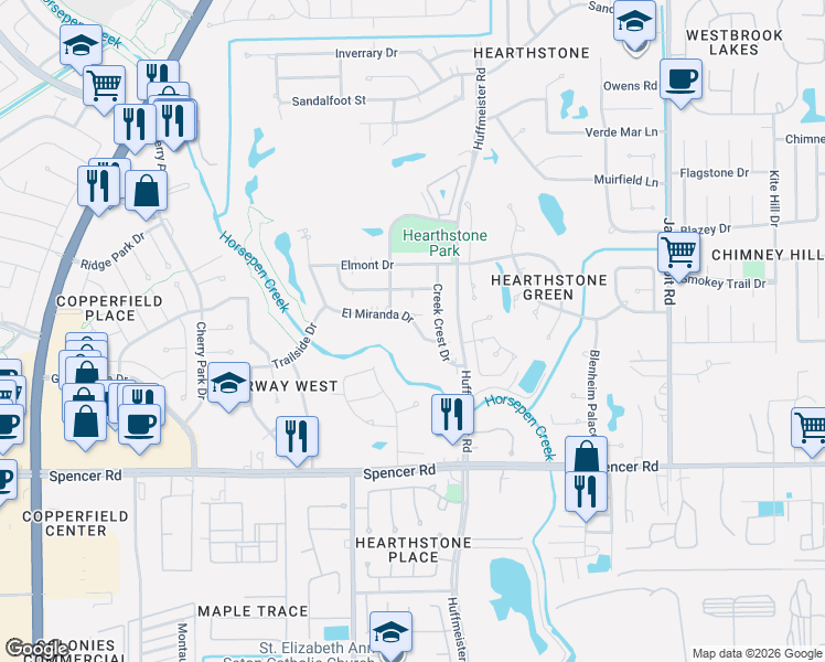 map of restaurants, bars, coffee shops, grocery stores, and more near 14843 El Miranda Drive in Houston