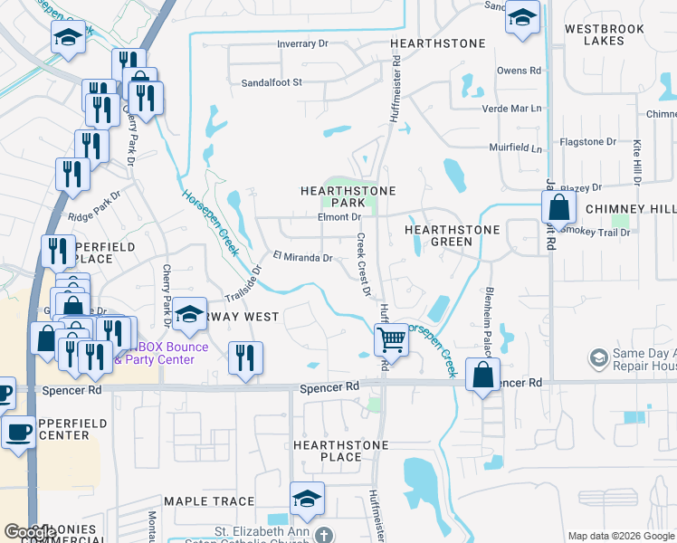 map of restaurants, bars, coffee shops, grocery stores, and more near 14843 El Miranda Drive in Houston