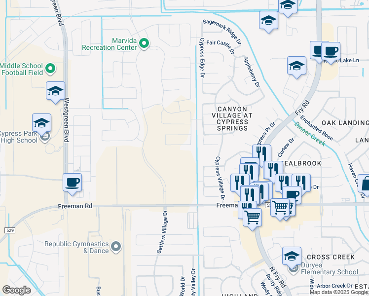 map of restaurants, bars, coffee shops, grocery stores, and more near 20743 Stewart Crest Lane in Cypress