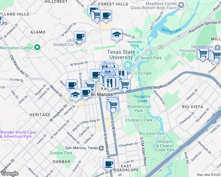 map of restaurants, bars, coffee shops, grocery stores, and more near 212 East Hutchison Street in San Marcos