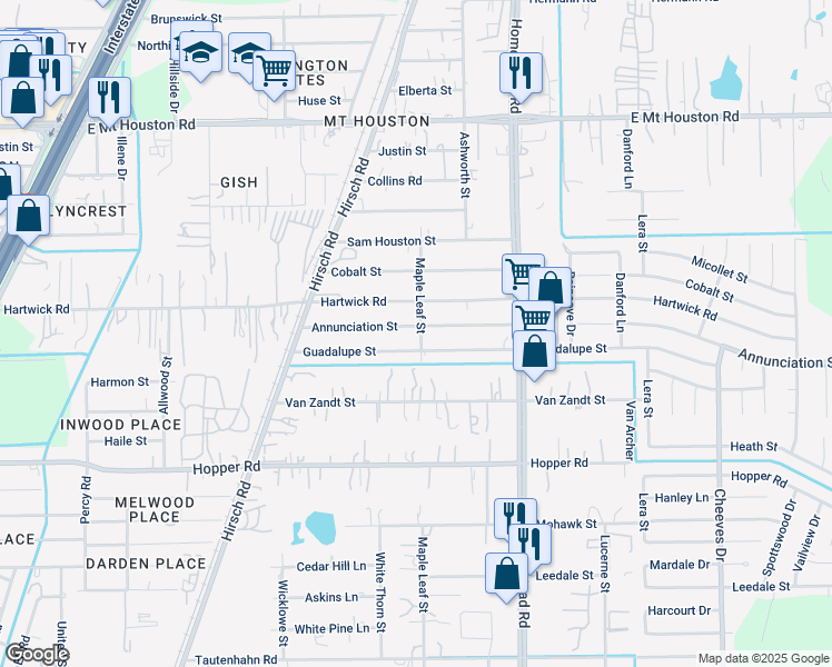 map of restaurants, bars, coffee shops, grocery stores, and more near 5805 Annunciation Street in Houston