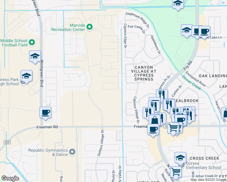 map of restaurants, bars, coffee shops, grocery stores, and more near 20743 Stewart Crest Lane in Cypress