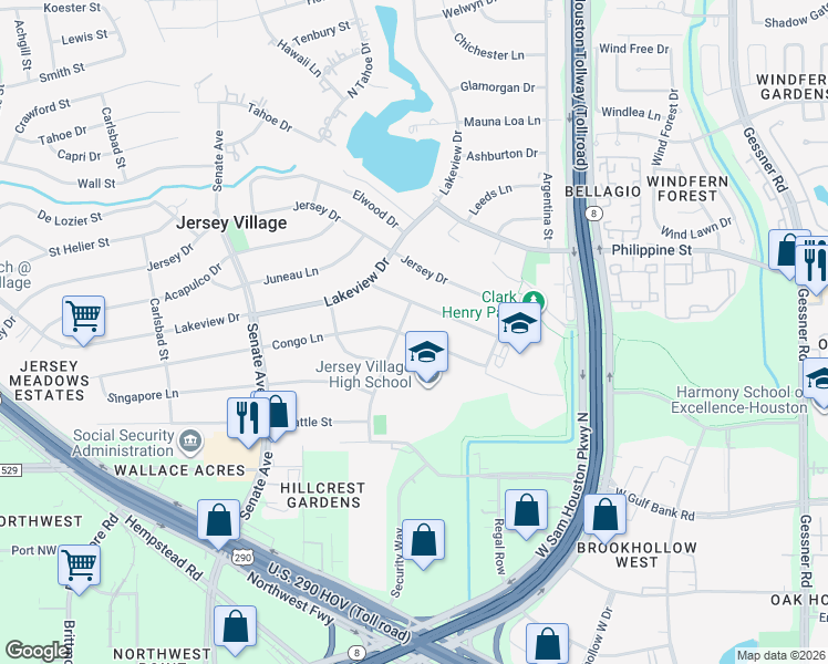 map of restaurants, bars, coffee shops, grocery stores, and more near 15530 Congo Lane in Houston