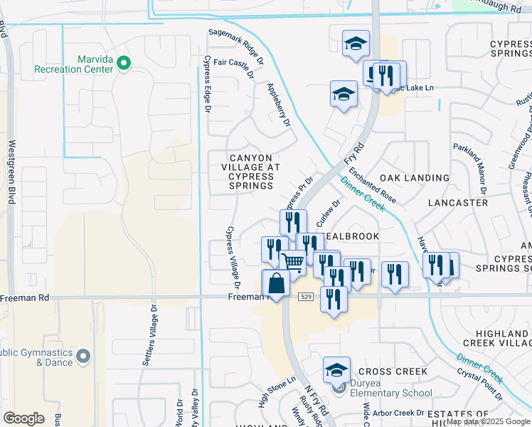 map of restaurants, bars, coffee shops, grocery stores, and more near 7303 Cypress Breeze in Cypress