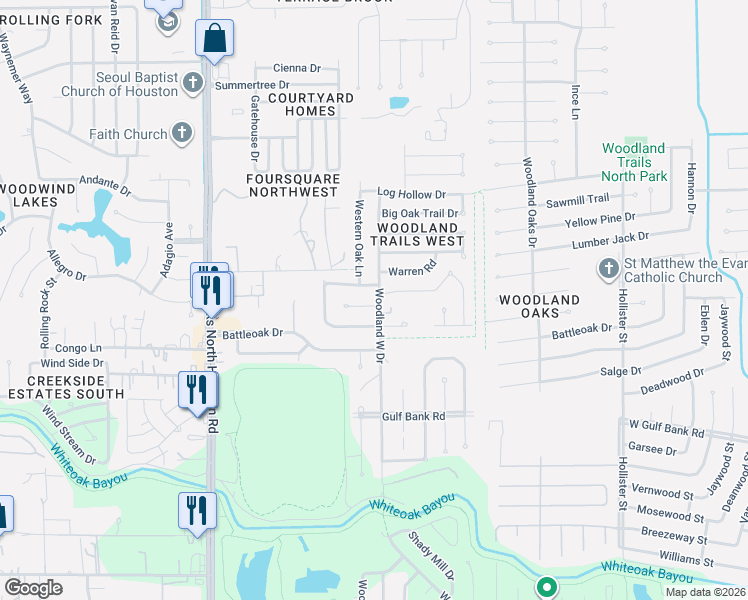 map of restaurants, bars, coffee shops, grocery stores, and more near 8130 Western Trail Drive in Houston