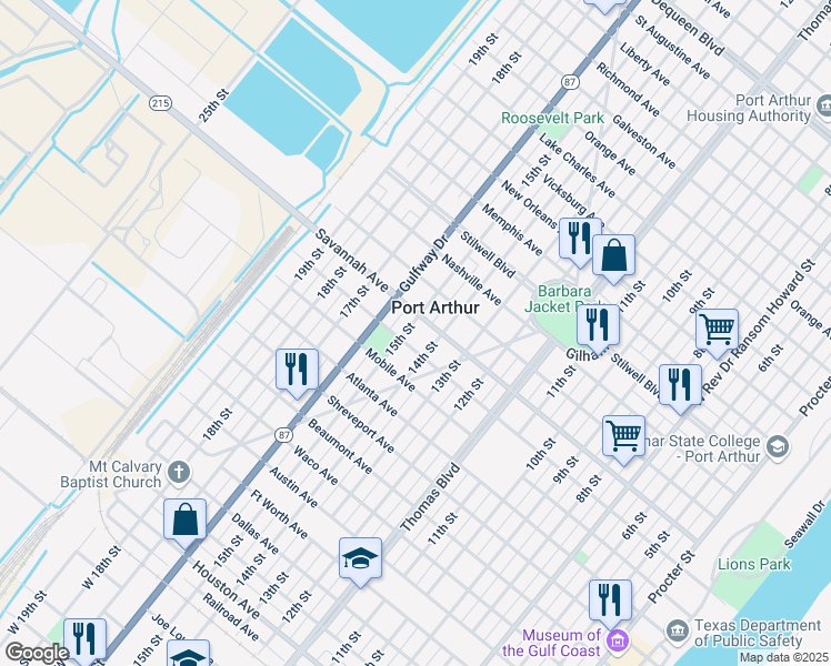 map of restaurants, bars, coffee shops, grocery stores, and more near in Port Arthur