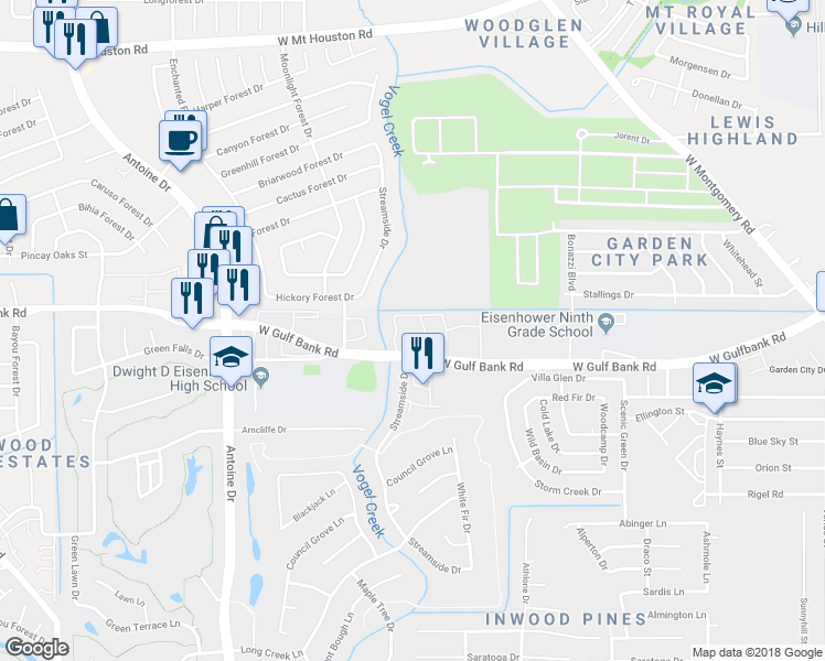 map of restaurants, bars, coffee shops, grocery stores, and more near 5350 West Gulf Bank Road in Houston