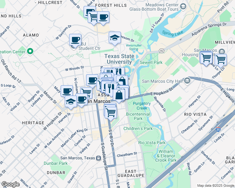 map of restaurants, bars, coffee shops, grocery stores, and more near 225 North C M Allen Parkway in San Marcos