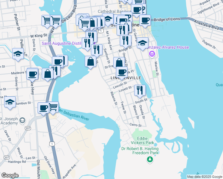 map of restaurants, bars, coffee shops, grocery stores, and more near 129 Lincoln Street in St. Augustine