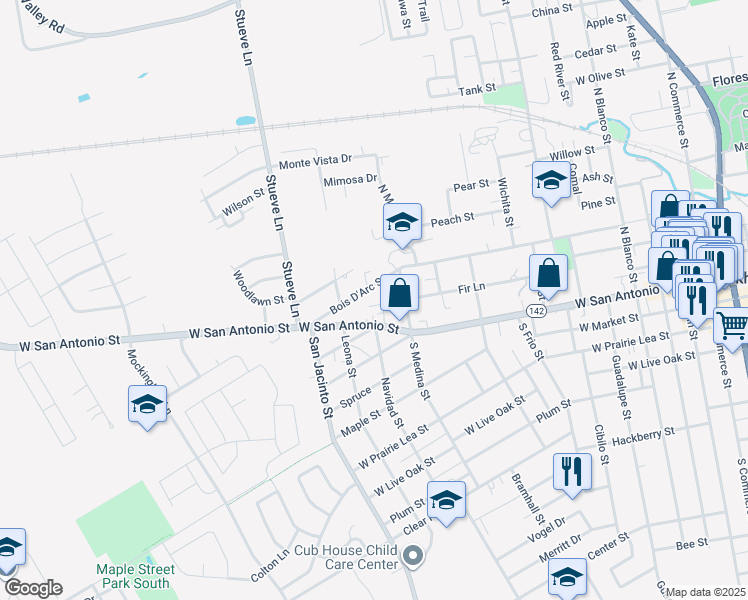 map of restaurants, bars, coffee shops, grocery stores, and more near 1014 Bois D'Arc Street in Lockhart