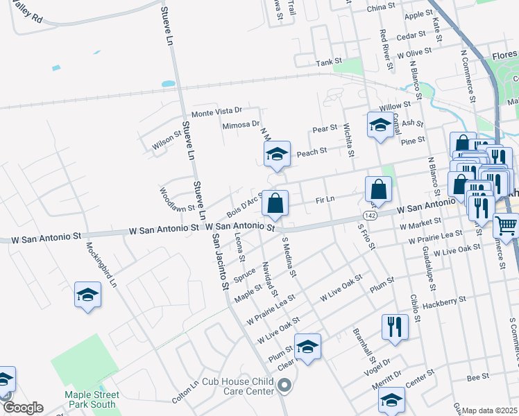 map of restaurants, bars, coffee shops, grocery stores, and more near 1014 Bois D'Arc Street in Lockhart