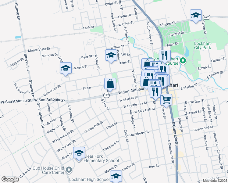 map of restaurants, bars, coffee shops, grocery stores, and more near 116 North Nueces Street in Lockhart