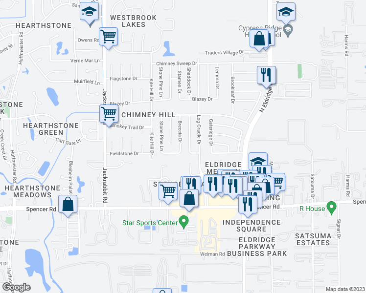 map of restaurants, bars, coffee shops, grocery stores, and more near 7314 Breccia Drive in Houston