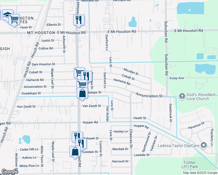 map of restaurants, bars, coffee shops, grocery stores, and more near 6207 Annunciation Street in Houston