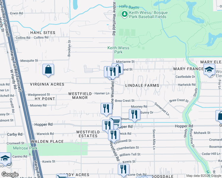 map of restaurants, bars, coffee shops, grocery stores, and more near 11833 Aldine Westfield Road in Houston