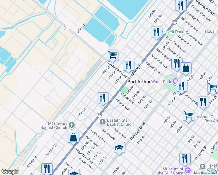 map of restaurants, bars, coffee shops, grocery stores, and more near 916 18th Street in Port Arthur