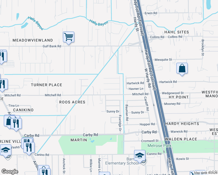 map of restaurants, bars, coffee shops, grocery stores, and more near 1122 Hartwick Road in Houston