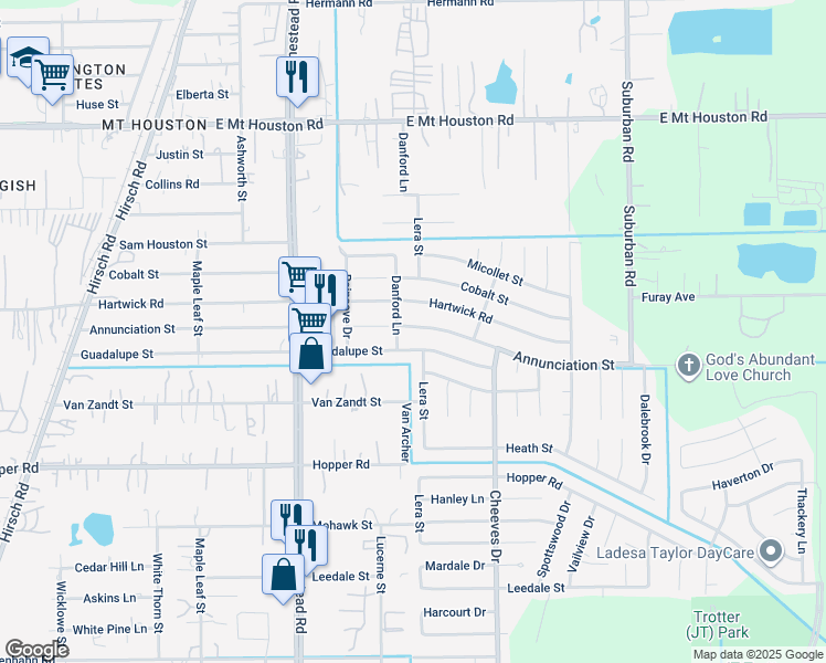 map of restaurants, bars, coffee shops, grocery stores, and more near 6207 Annunciation Street in Houston