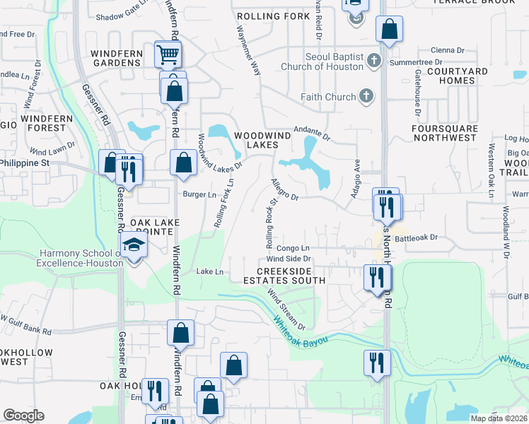 map of restaurants, bars, coffee shops, grocery stores, and more near 7615 Rolling Rock St in Houston