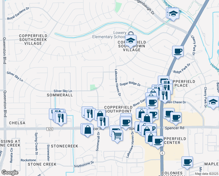 map of restaurants, bars, coffee shops, grocery stores, and more near 16031 Sugar Ridge Drive in Houston