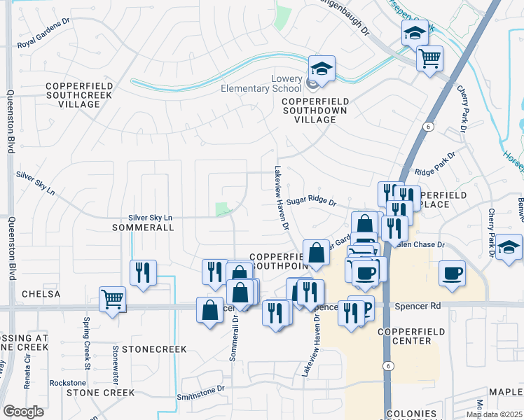 map of restaurants, bars, coffee shops, grocery stores, and more near 16031 Sugar Ridge Drive in Houston