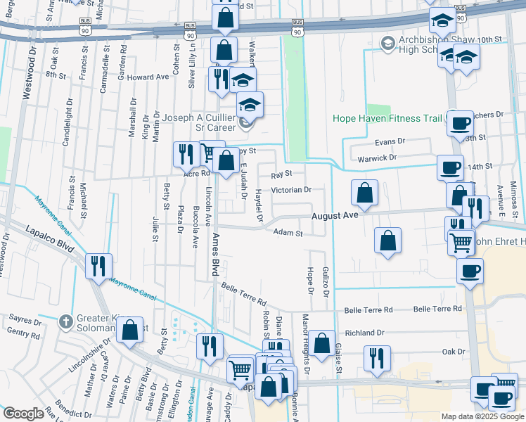 map of restaurants, bars, coffee shops, grocery stores, and more near 1616 Jerome Street in Marrero