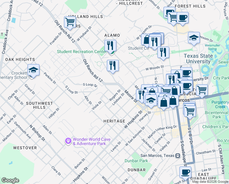 map of restaurants, bars, coffee shops, grocery stores, and more near 518 Rogers Street in San Marcos