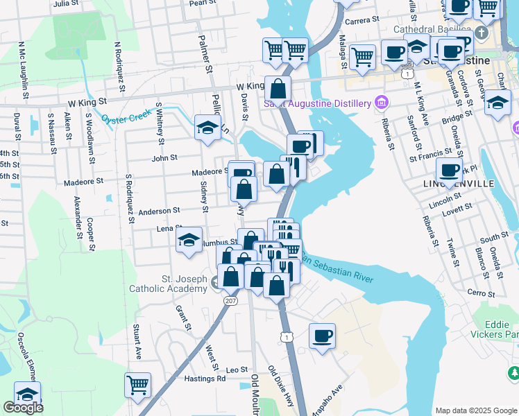 map of restaurants, bars, coffee shops, grocery stores, and more near 17 Anderson Street in St. Augustine