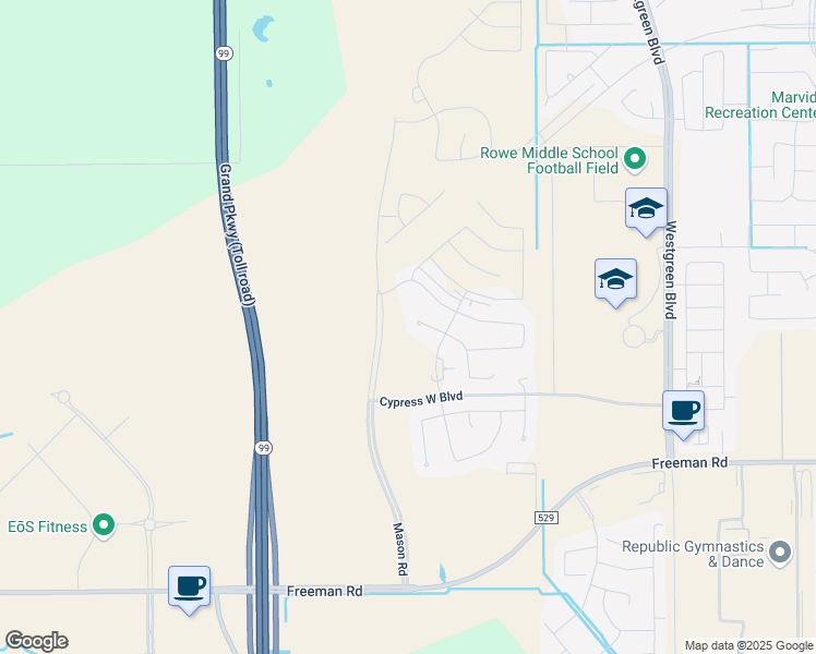map of restaurants, bars, coffee shops, grocery stores, and more near Westgreen Road in Cypress