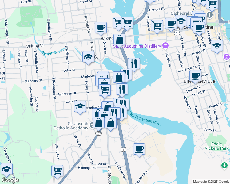 map of restaurants, bars, coffee shops, grocery stores, and more near 17 Anderson Street in St. Augustine