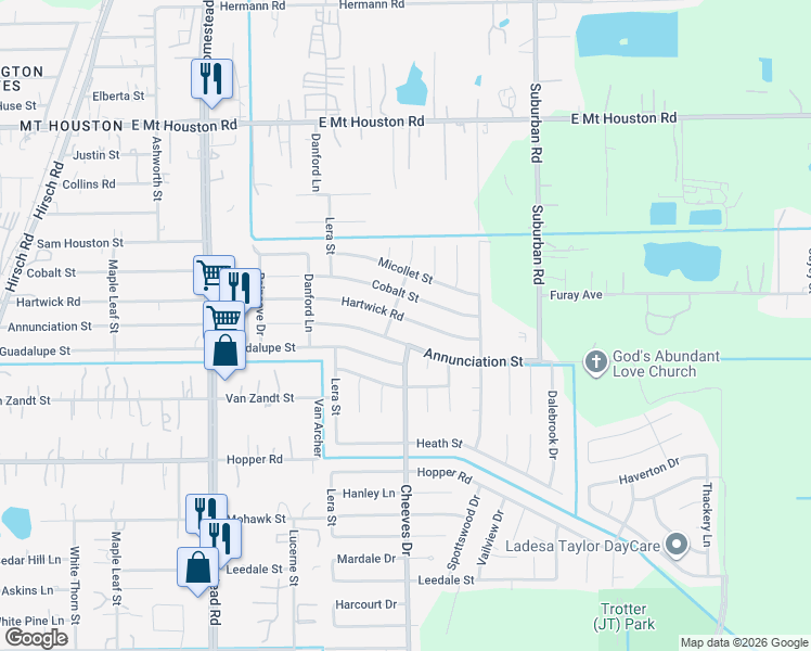 map of restaurants, bars, coffee shops, grocery stores, and more near 6402 Hartwick Road in Houston
