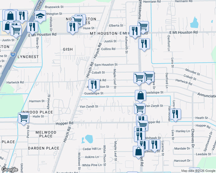 map of restaurants, bars, coffee shops, grocery stores, and more near 5713 Annunciation Street in Houston